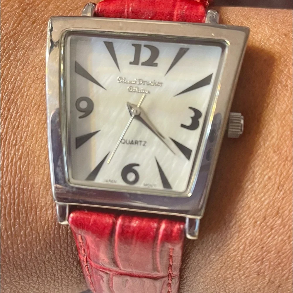 Vintage Marcel Druker Trapezoid Mother of Pearl Dial Quartz Watch w/ Red Band